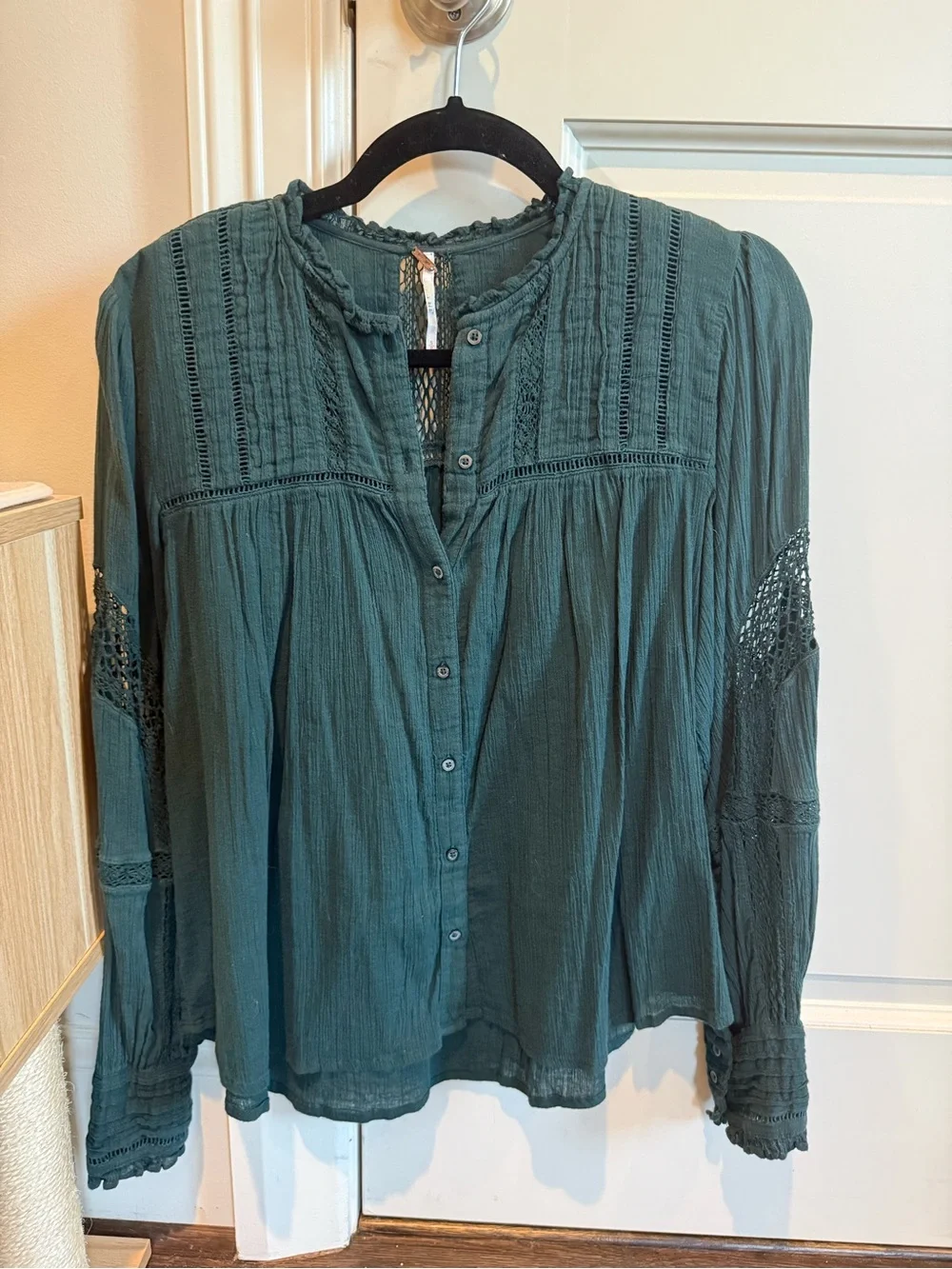 Free People Dark Green Button-Up Peasant Blouse